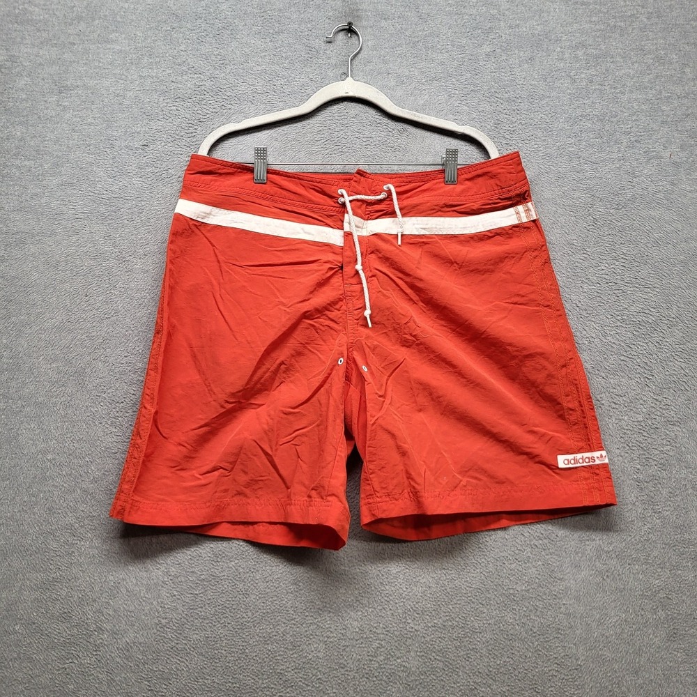 VINTAGE Adidas Men Swimwear L Red Nylon Board Shorts  Stripe‎ 9" Inseam